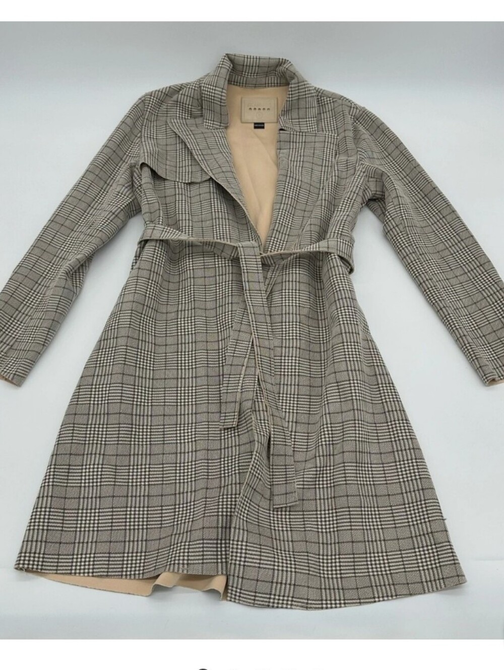 Blank NYC Plaid Belted Long Trench Coat - NO BELT Beige Plaid